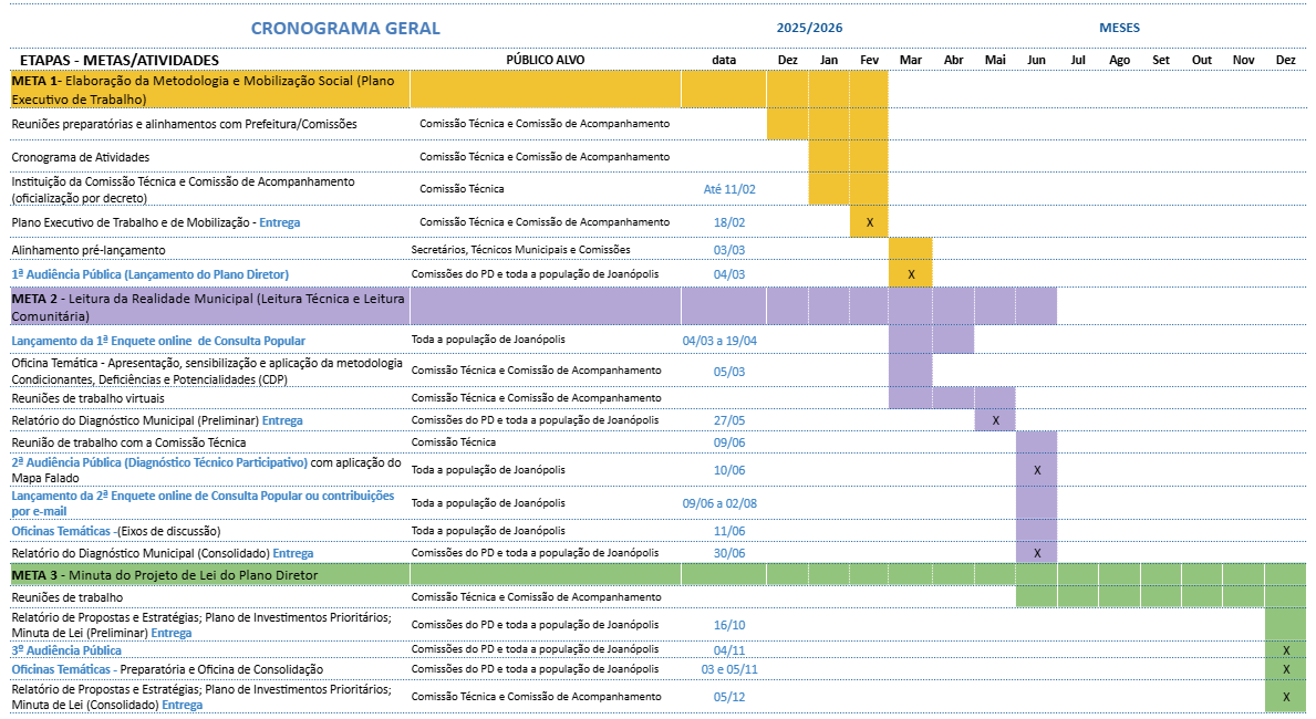 Cronograma geral 2025 e 2026 da criação do Plano Diretor de Joanópolis, com metas, atividades, públicos-alvo e meses de execução